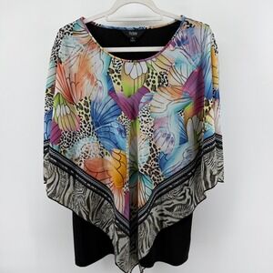 Slim Factor Women's XL Tunic Top Butterfly Animal Print Layered Poncho Black